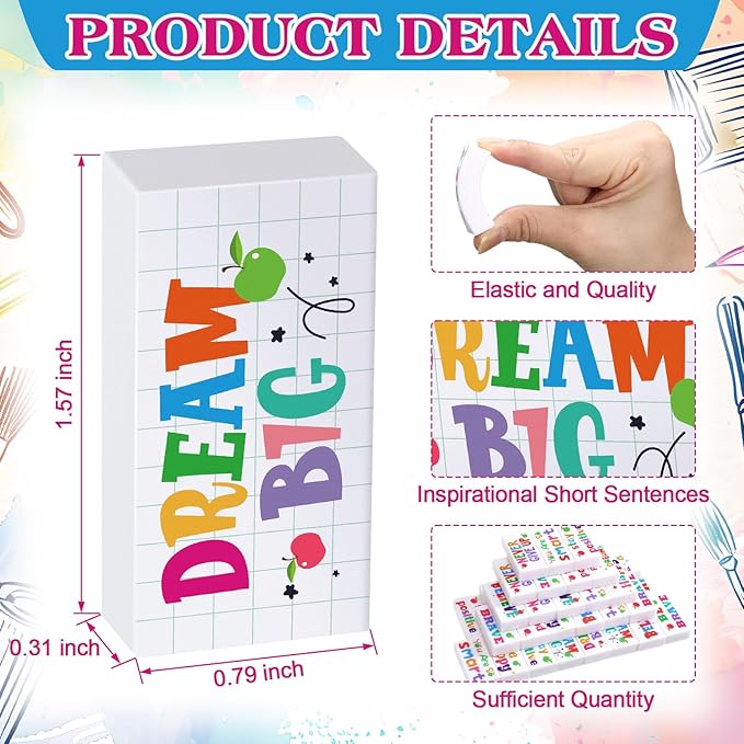 Dunzoom 100 Pcs Inspirational Pencil Erasers Bulk for Kids Fun Motivational Eraser School Supplies Back to School Office Supplies for Classroom Office Teacher Artists (Lovely)