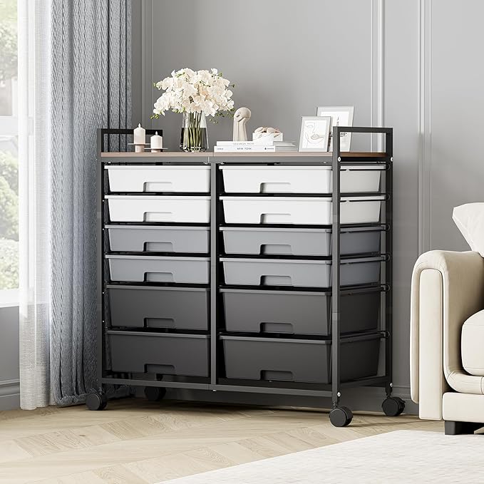 Rolling Storage Cart with 12 Drawers, Wooden Tabletop Utility Cart for Craft Storage, Art Supply Storage & Home Office Organization, Teacher Cart with Wheels for Classroom Organization, School (Grey)