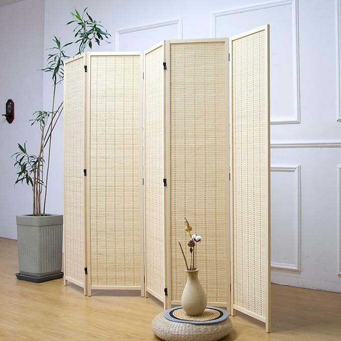 Furnnylane 5 Panel Room Divider and Folding Panel Screen,Bamboo Panel Divider Screen for Room Separation,Beige,67" H x 76.75" W
