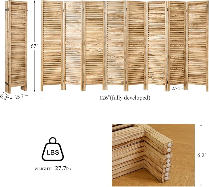 Room Dividers and Folding Privacy Screens, Wood Louvered Separators Divider Wall for Home Office Bedroom - 8 Panels (Natural)