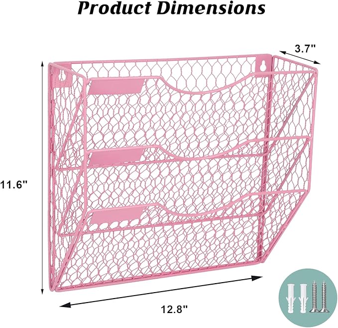 EASEPRES Mail Organizer Wall Mount Hanging File Holder Storage, Metal Chicken Wire Magazine Rack 3 Tier, Pink