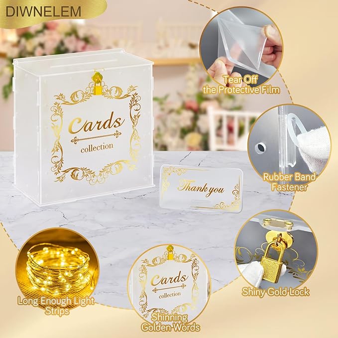DIWNELEM Acrylic Wedding Card Box with Lock String Light Frosted Large Card Box for Wedding Letter Box Envelope Box Acrylic Gift Card Box Money Box for Party Birthday Reception