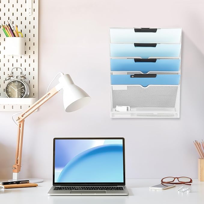 EASEPRES 6 Tier Mesh Hanging Wall File Organizer, Desk Vertical Mail Paper Document Folder Holder Rack with Bottom Tray and Nametag Label for Office Home School, White