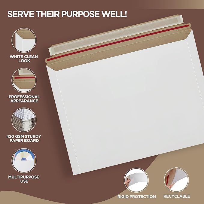 100 Pack 9.5 x 12.5 Inches Rigid Mailers – Self Adhesive White Cardboard Envelopes – Used as Mailing Supplies for Documents, Photos, CDs, Magazines, and Literature