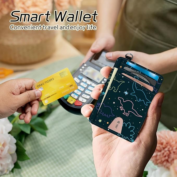 BWEGRHE Small Travel Wallets, Fun Dinosaurs Slim Minimalist Front Pocket Wallet with Wristlet, RFID Blocking PU Leather Credit Card Holder with ID Window Change Purse for Men Women