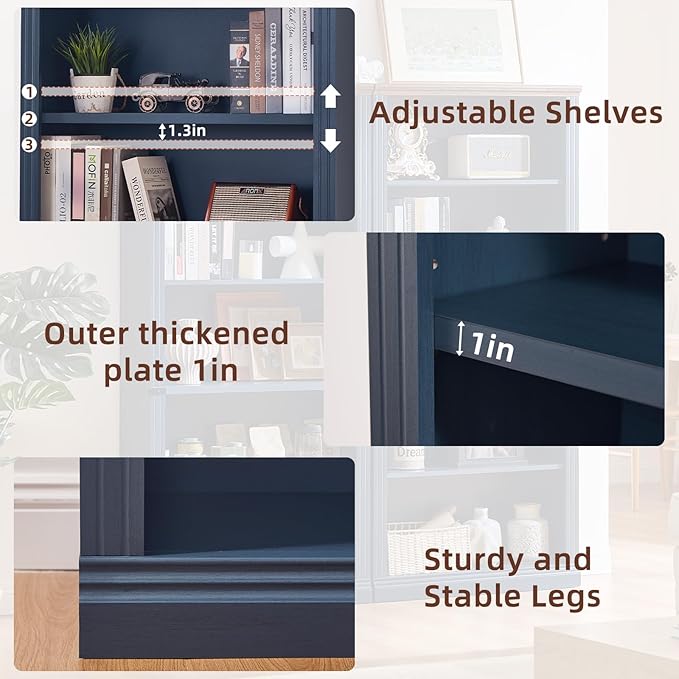 RWYHG 70" Blue Tall Bookshelf Set of 2,5-Tier Thick Wooden Book Shelf with Adjustable Shelves,Free Standing Farmhouse Bookcase with Open Display Storage,Floor Vintage Bookshelves for Living Room
