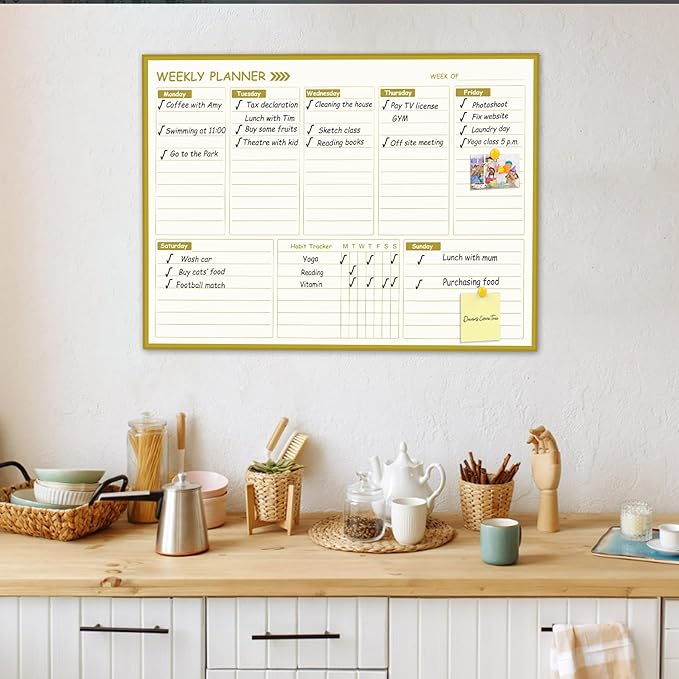 Large Weekly Dry Erase Board for Wall,20"x28",Gold Aluminum Frame Magnetic Weekly Planner Whiteboard for to Do List, Memo, School, Home, Office, Kitchen