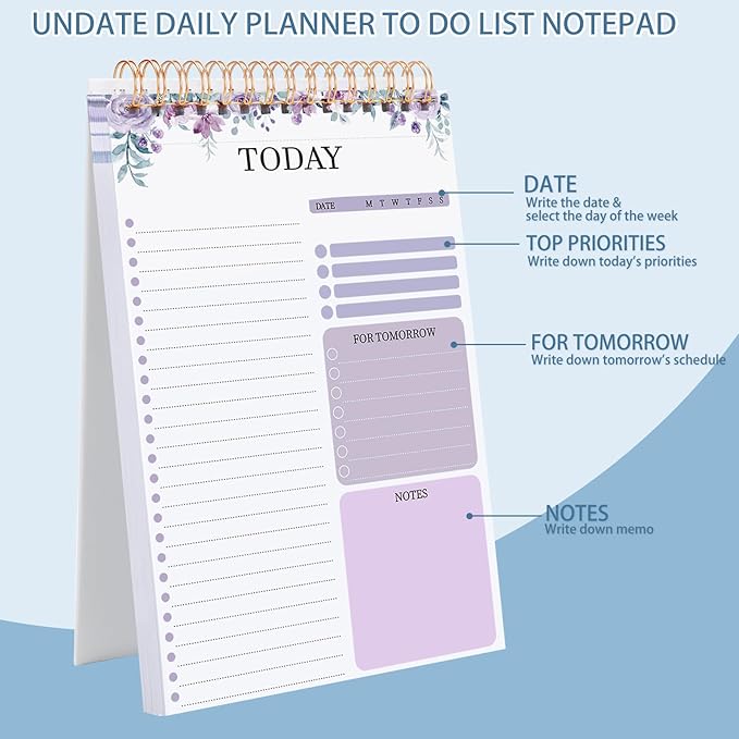 Thboxes 2 Packs To Do List Notepad, Totally 208 Pages To Do List Notebook A5 Undated Daily Planner Notepad with Transparent Cover and Task Checklist Home Office School Supplies, Purple & Blue