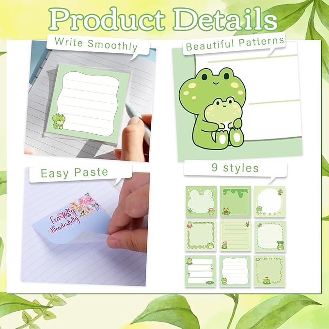 Lovarywow Frog Sticky Notes Gifts - 9 Pack Cute Frog Sticky Notes 3x3 Inch Cartoon Funny Self-Stick Notepads Novelty Animals Post Pads Gifts for Women Men School Office Supplies 450 Sheets