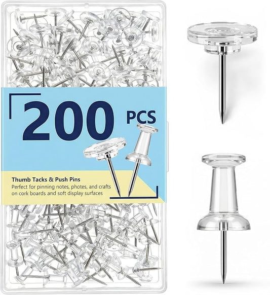 Push Pins 200Pcs Thumb Tacks: Clear Push Pin for Bulletin Board - Plastic Head & Steel Point - Reusable Cork Board Thumbtacks for Wall Map Posters Picture Hanging Home Office School