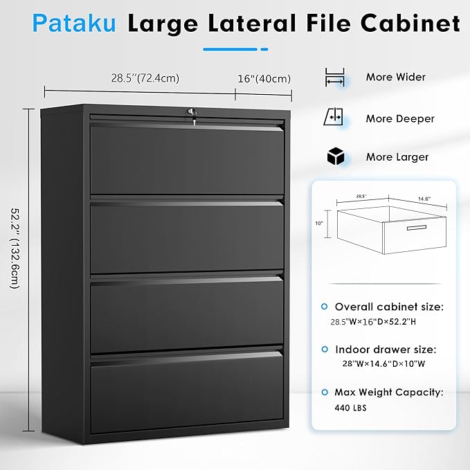 Pataku 4 Drawer File Cabinet with Lock, Metal Lateral File Cabinets for Home Office 4 Drawer, Locking Filling Cabinets for Hanging Files Letter/Legal/F4/A4 Size (4Drawer/Black)