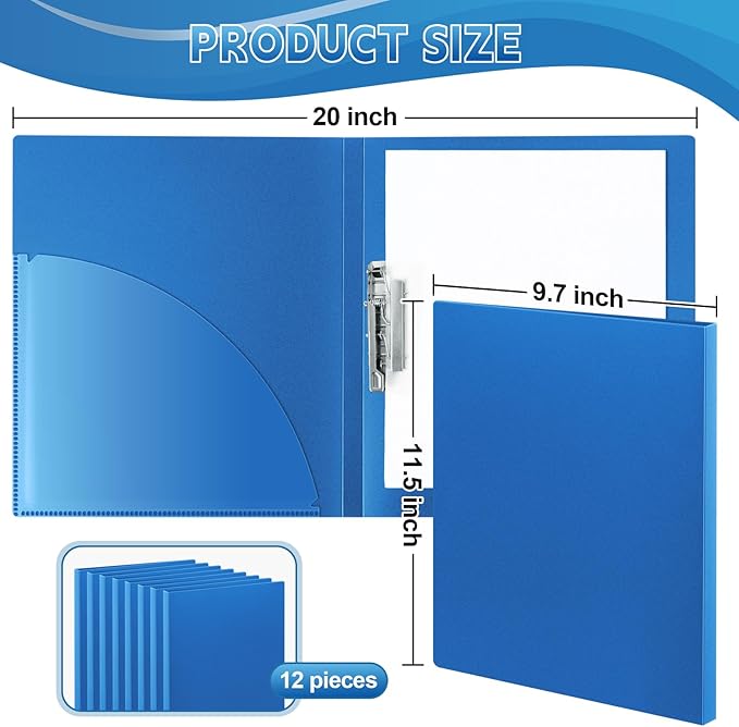 Teling 12 Pack Punchless Clamp Binder Folder 8.5 x 11 Inch Ringless Binder Holds with Pocket, Flexible Metal Clip and Poly Covers, 100 Letter Size Pages, for Work, School(Blue)