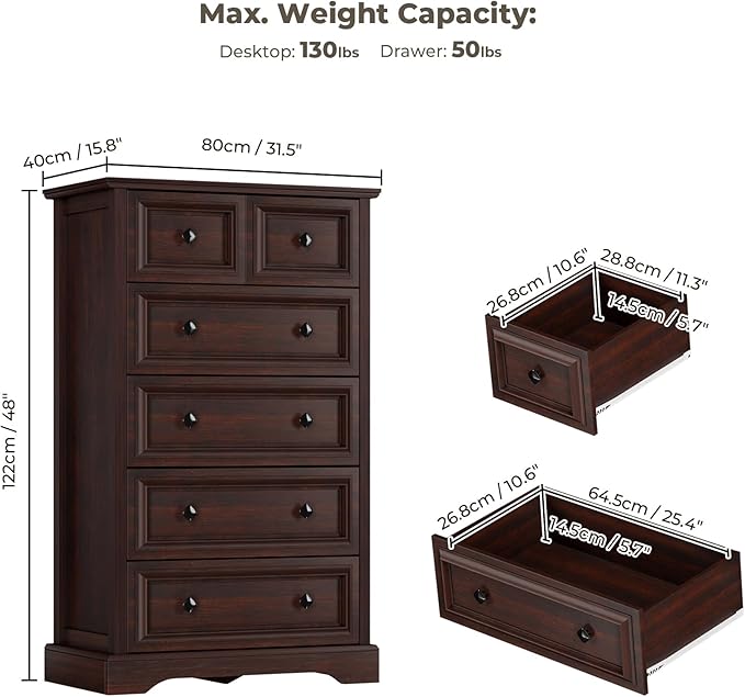 VVFLU Farmhouse 6 Drawer Dresser, 48" Tall Dresser Chest of Drawers with Natural Texture & Metal Handles, Storage Dressers Organizer for Bedroom, Living Room, Hallway, Vintage Design (Cherry)