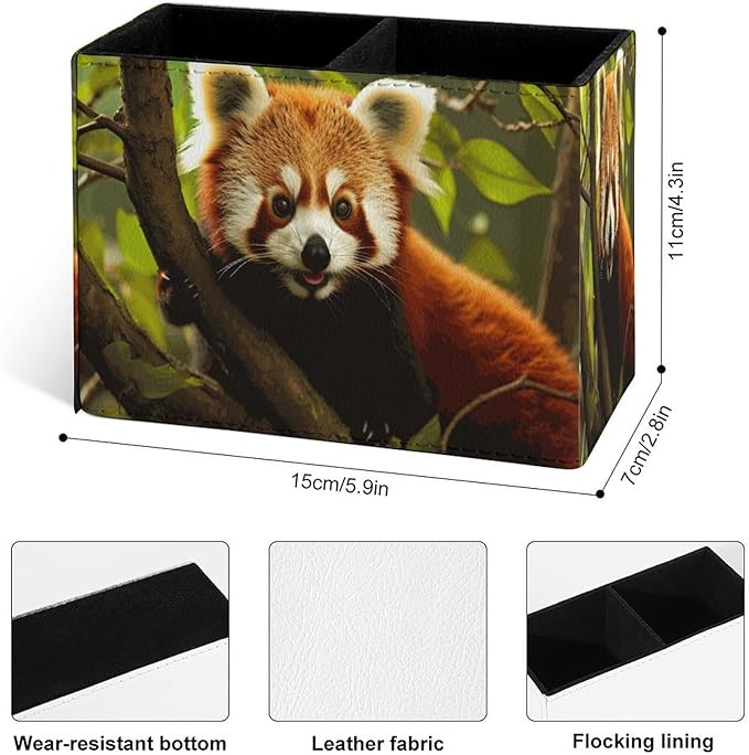 Famame Red Panda Pencil Holder for Desk, Leather Desktop Container Pen Cup Storage Study Table Pen Organizer Makeup Brush Holder for Classroom Office Home
