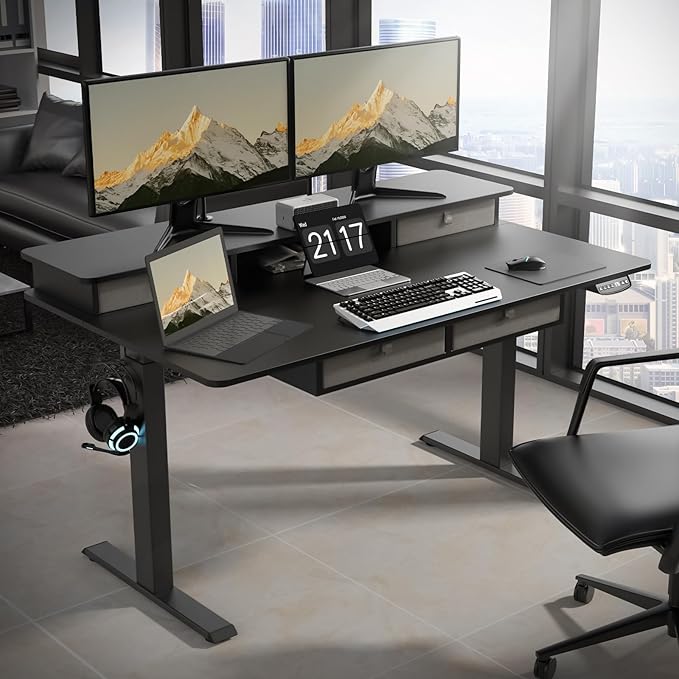 ExaDesk 55 * 30 Inches Electric Standing Widened Desk Adjustable Height with 4 Drawers, Double Storage Shelves Stand Up Desk, Home Office Workstation Sit Stand up Desk (Classical Black)