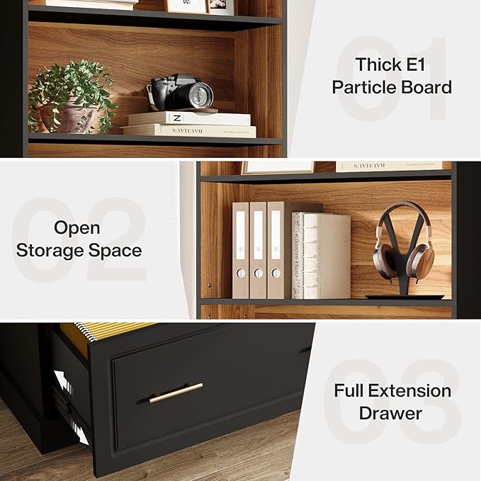 Tribesigns Way to Origin 2-Drawer Vertical File Cabinet for Letter Size, Moder Filing Cabinet with 5-Tier Bookshelf, Large Printer Stand with Open Storage Shelves for Home Office (Black)