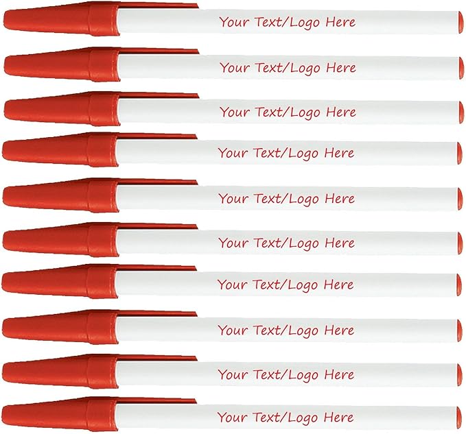 SyPen Personalized Stick Pens With your Custom Logo or Text-500 Pack Bulk-for Businesses, Parties, and Events, Custom Printed Slim Ballpoint Pens with Cap, Red, Black Ink