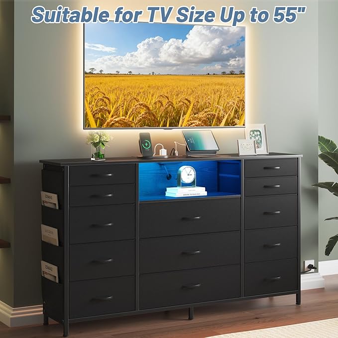 HCHQHS 47 Inch Dresser for Bedroom with 13 Drawers,Side Pockets Hooks and Lights with Remote Control,Hallway,Closet,Kitchen,Large TV Stand (Black)
