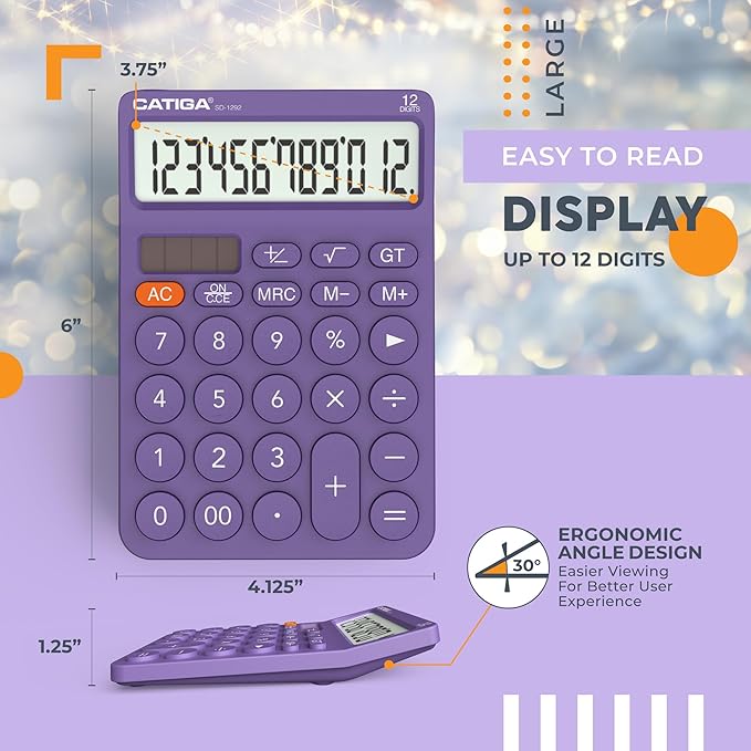 CATIGA 12 Digit Desktop Calculator Basic Desk Calculator with Large LCD Display, Big Buttons, 4 Function, Solar and Battery Dual Power, for Office, School, Home, SD-1292 Purple