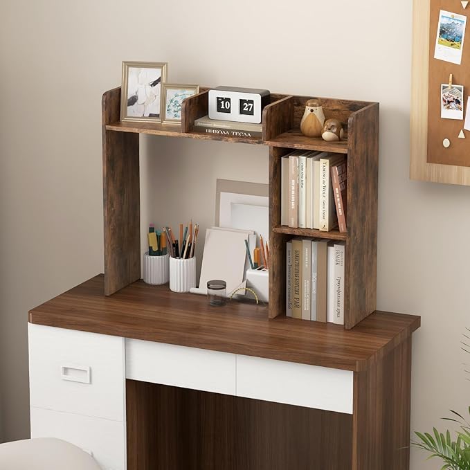 Tangkula Desktop Bookshelf, Countertop Storage Hutch with 5 Shelves for Computer Desk, 3-Tier Display Rack, Multipurpose Wood Desktop Hutch Storage Organizer for Dorm Office, Brown