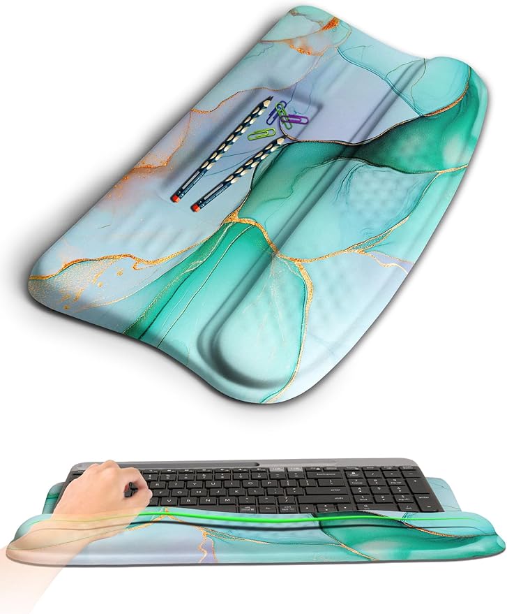 KUOSGM Ergonomic Wave Wrist Rest with Keyboard Stand, Cushioned Palm Rest, Comfortable Integrated Memory Foam for Natural Typing and Relieve Wrist Pain, Green Gold Marble