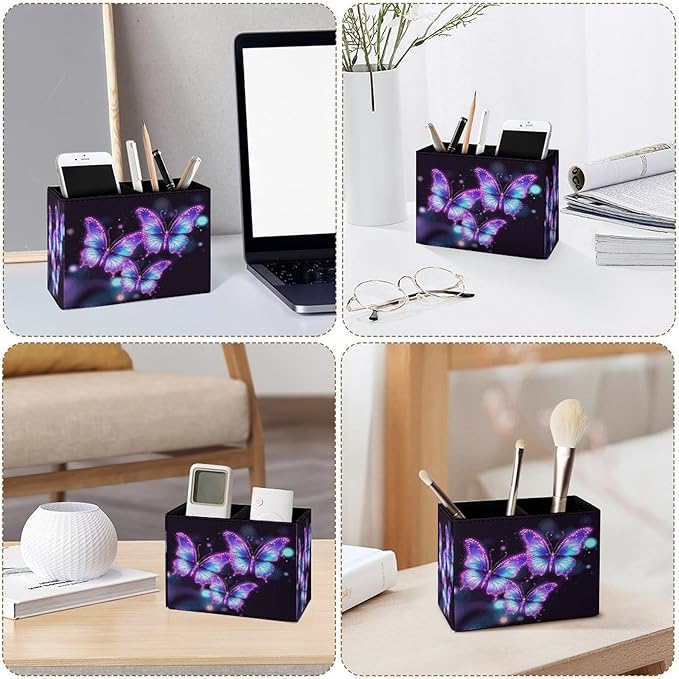 Famame Flying Butterflies Purple Pencil Holder for Desk, Leather Desktop Container Pen Cup Storage Study Table Pen Organizer Makeup Brush Holder for Classroom Office Home