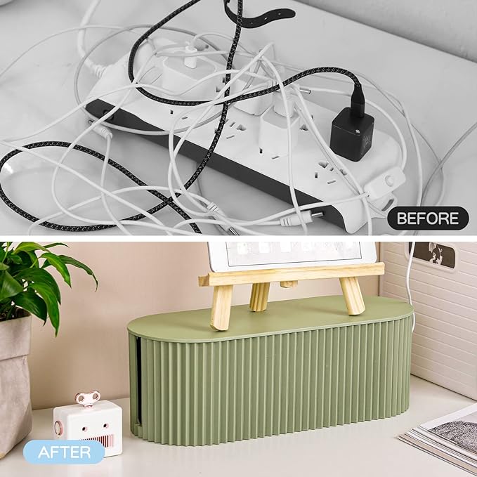 FABROK Cable Management Box with 10 Cable Ties, Cable Organizer Box for Power Strips, Surge Protectors, Chargers, Adapters, TV Computer Wires Cable Hider Organizer Box for Home/Office (Large/Green)