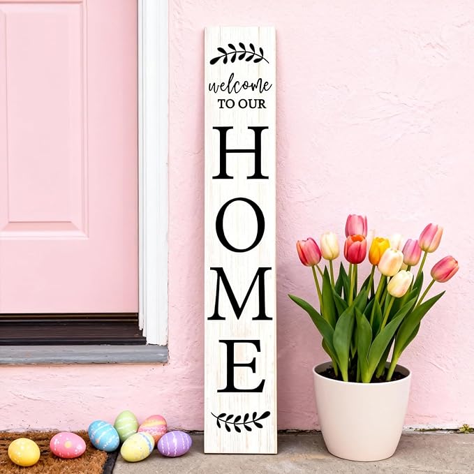 Welcome Sign for Front Porch, 47" Large Wooden Welcome to Our Home Sign Door Hanging Standing Plaque, Farmhouse Vertical Outdoor Porch Decorations for Yard Patio Entrance (White)