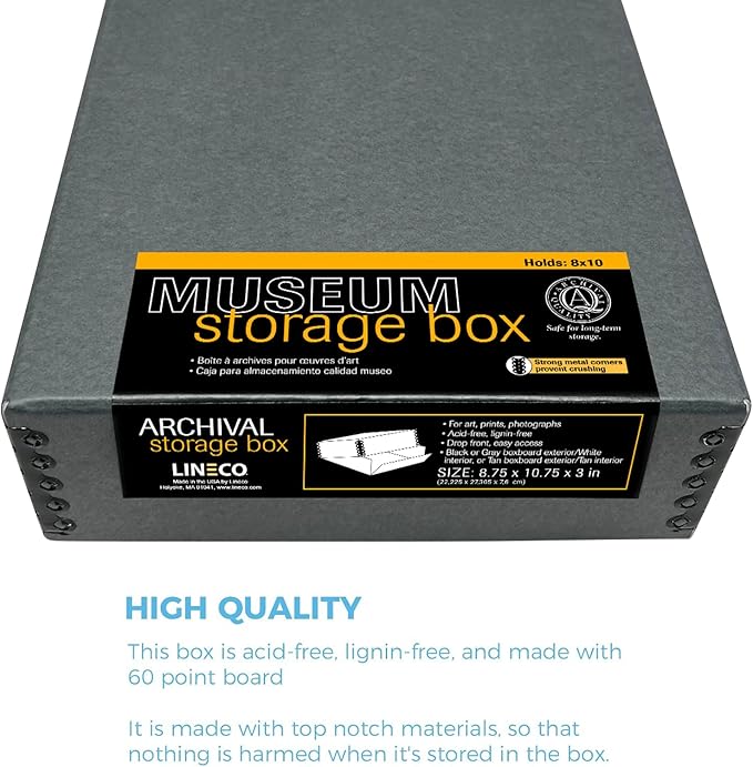 Lineco Museum Archival Storage Box, 8.75x10.75x3 in. Drop Front Design. Acid-Free with Metal Edge. Organize Photos, Pictures, Prints, Documents, Crafts, DIY. Gray, 1 Pack
