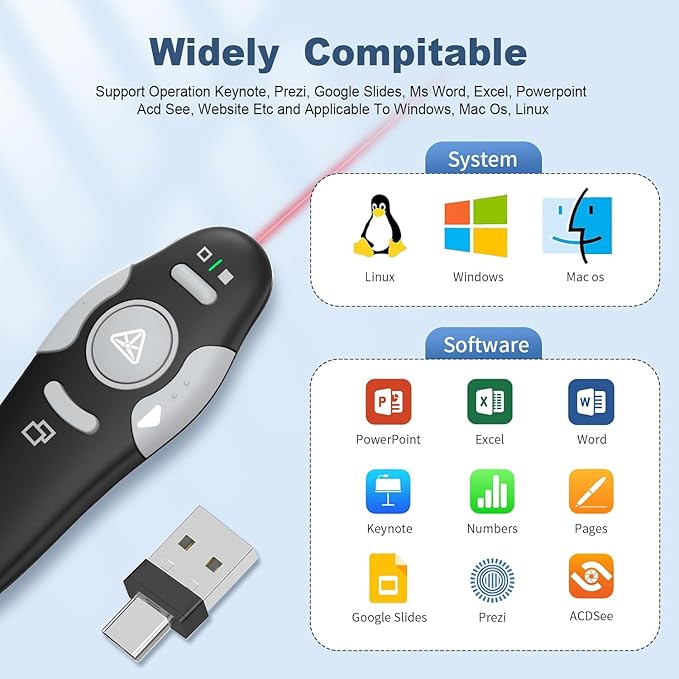 QUI Presentation Clicker Wireless Presenter Remote Clicker for PowerPoint Presentation Remote, PowerPoint Slide Advancer for Mac/Windows/Linux, Google Slide/PPT/Keynote, USB A&C, Black