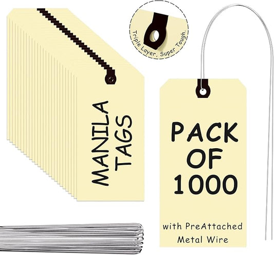 INNOVART Shipping Tags - Double Wired 3 1/4" x 1 5/8", Manila Wire Tags with Reinforced Eyelet, Case of 1000