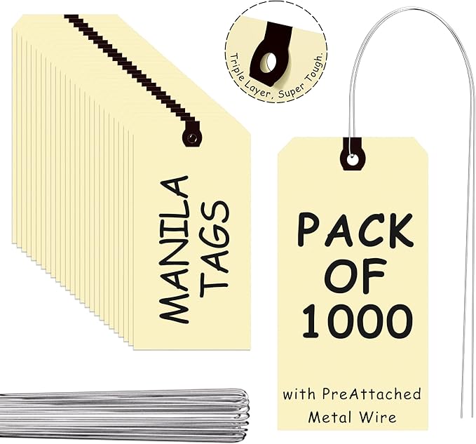 INNOVART Shipping Tags - Double Wired 4 1/4" x 2 1/8", Manila Wire Tags with Reinforced Eyelet, Case of 1000