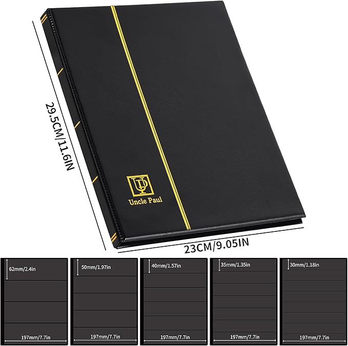 120 Pockets Stamp Album - Mixed Sizes Double-side Pages Artificial Leather Postage Stamp Holder Storage Book for Currency Banknotes Paper Folding Money Bills Documents Collection Black AS03MX1BK