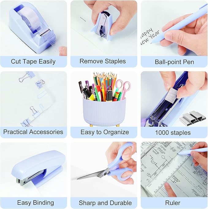 Gawsey Desk Organizers and Accessories Set with 360-Degree Rotating Pen Holder, Tape Dispenser, Stapler, Staple Remover, 1000 Staples, Tape, Clips Set, Ruler, Scissor, Pen