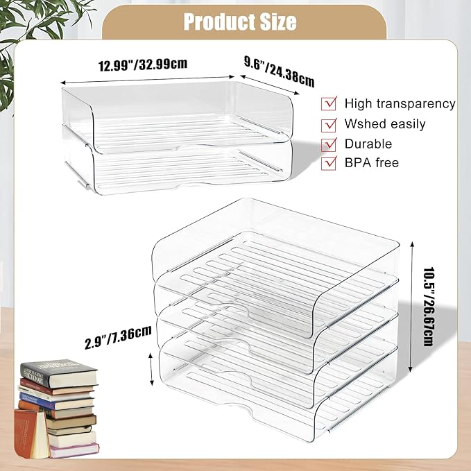 Clear Stackable Paper Trays 4 Pack, PET Letter Tray Desk Organizer, Desktop Organizers and Storage for Books, Magazines, Folders, A4 Size File Paper, Office Supplies