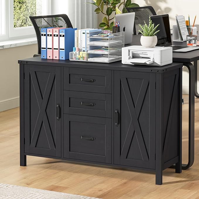 Vabches File Cabinet with 3 Drawers, Farmhouse Lateral File Cabinet Fits Files Letter/A4 Size, Wooden Filing Cabinet with Door and Adjustable Shelves Printer Stand for Home Office, Rustic Black