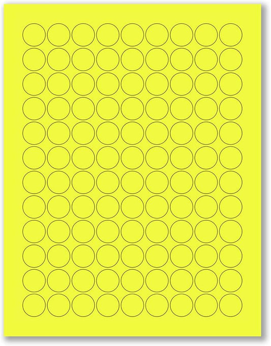 8-1/2 x 11" Neon Color High Light Fluorescent Labels for Laser & Inkjet Printer (Yellow Fluorescent, 3/4" Round - 108 Per Page | 2700 Labels)