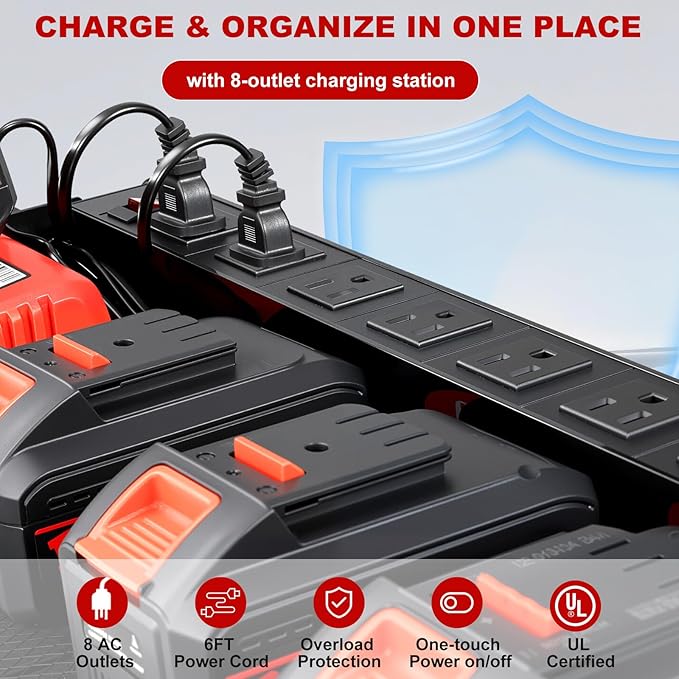 Power Tool Organizer Wall Mount with Charging Station, Heavy Duty 3 Layer Garage Tool Storage with 4 Cordless Drill Holder 8 Outlet Power Strip, Gift for Men Husband Dad Birthday Anniversary black