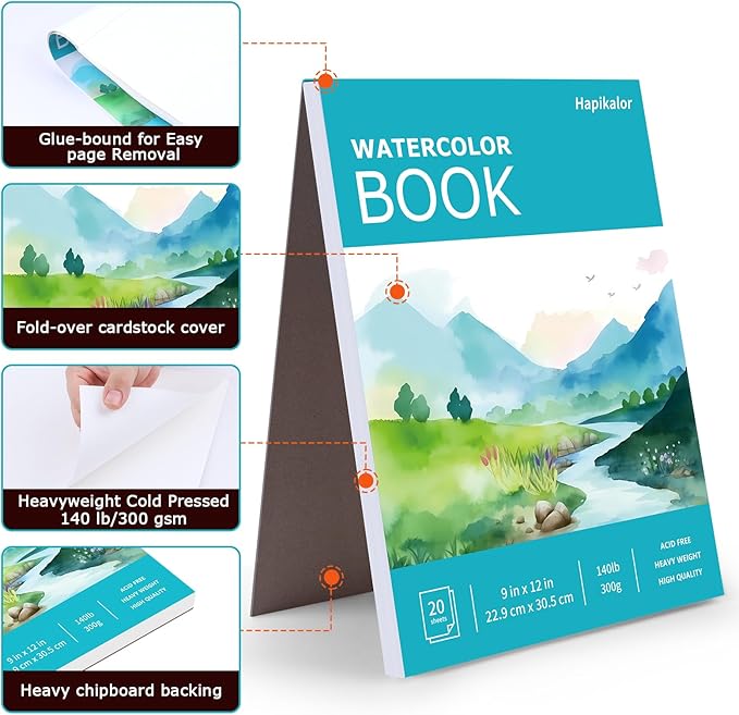 Hapikalor Watercolor Paper Pad, 9"x12" Water Color Paper, 140lb/300gsm Artist Painting Drawing Paper Book, Art Supplies for Adults Kids, Watercolors, Watercolor Paint Set, Sketchbook, Journal, Teal