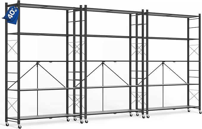 ALANNG 40" W Foldable 5-Tier Storage Shelves with Wheels, Adjustable & Removable Metal Rack, Heavy Duty Rolling Organizer for Kitchen, Garage, Closet, Pantry, and Office (Black,3 Pack)