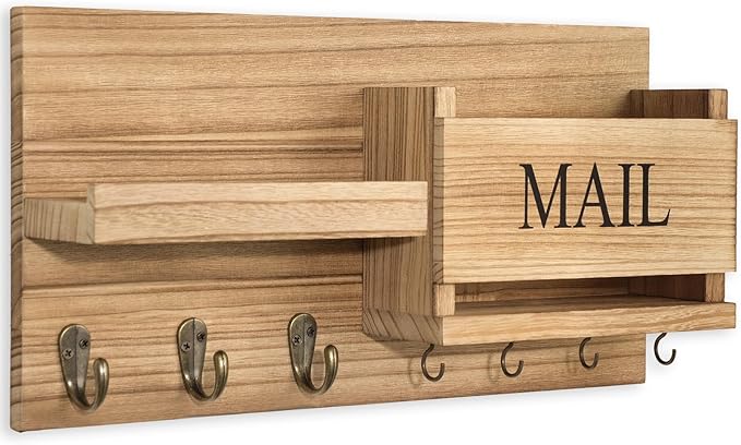 Lwenki Mail Organizer for Wall Mount – Key Holder with Shelf Includes Letter Holder and Hooks for Hallway Farmhouse Decor – Rustic Wood with Flush Mounting Hardware (16.5” x 9.1” x 3.4”) (Wood)