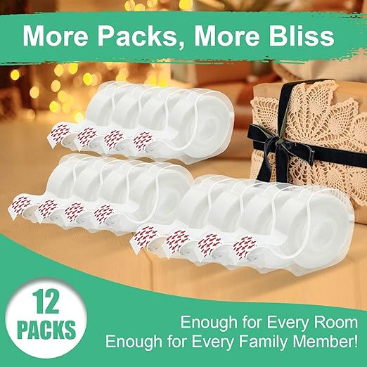 BeataTap Tape Bulk, Clear Tape, Invisible, Matte Finish, Writable, 3/4 in x 650 in, Transparent Tape, 12 Rolls with Dispensers, Ideal for Gift Wrapping, School Supplies & Office Use