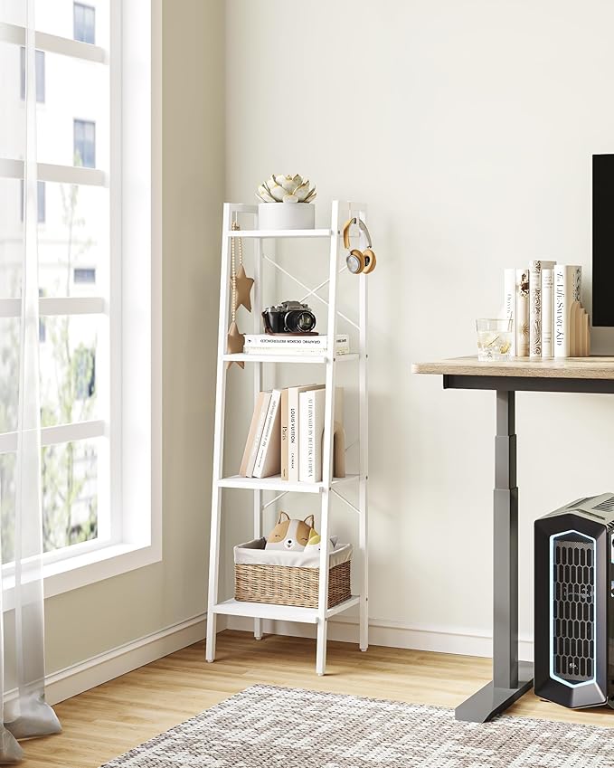 Hzuaneri Ladder Shelf, Bookshelf Bookcase, Freestanding Corner Storage Shelve with 2 Hooks for Home Office, Living Room, Kitchen, Bedroom, Industrial, 4-Tier White BC13213W