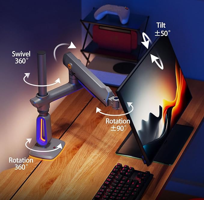 NB Extra Height Gaming Monitor Arm for 32 to 60 Inches Screen, Load up to 20 kg, VESA 75/100, RGB-Light, Heavy Duty, Multi Angle Adjustable, Premium Aluminum, Long Arm Extension Purple Blue