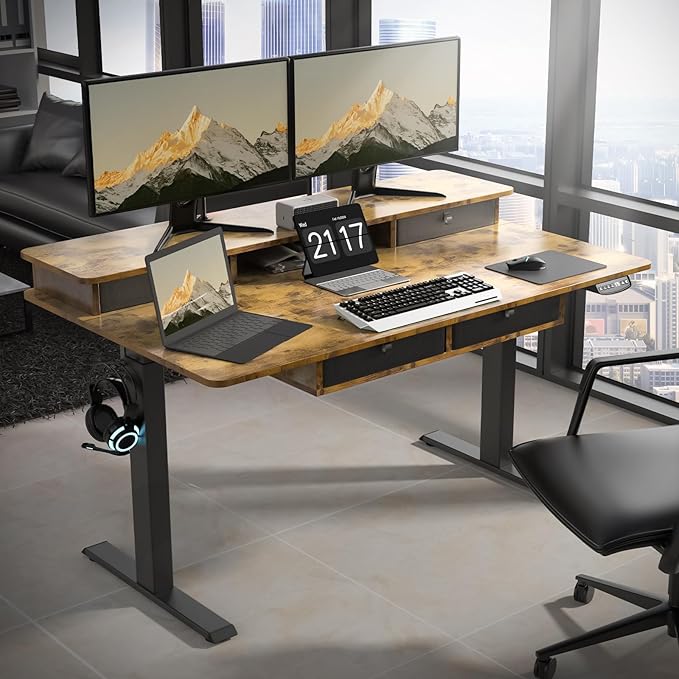 ExaDesk 55 * 30 Inches Electric Standing Widened Desk Adjustable Height with 4 Drawers, Double Storage Shelves Stand Up Desk, Home Office Workstation Sit Stand up Desk (Rustic Brown)