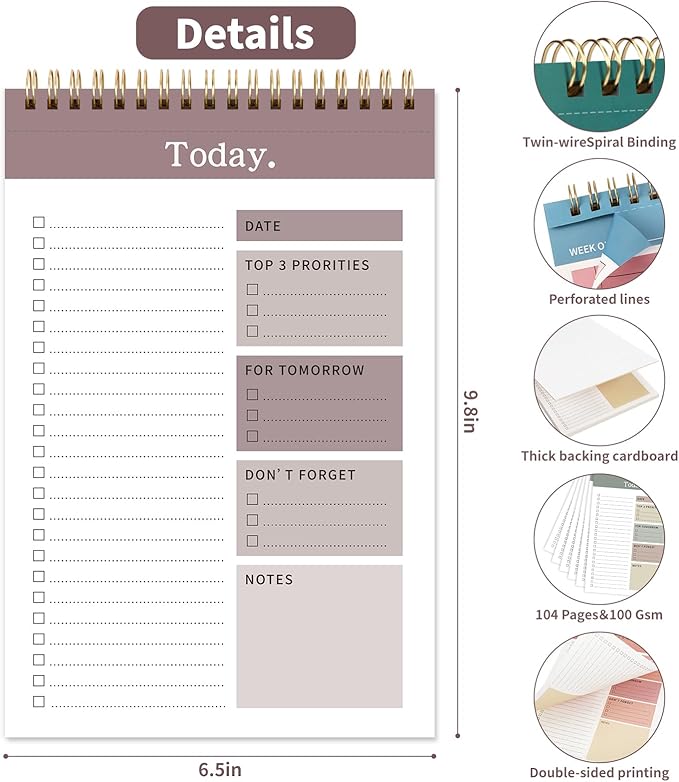 104 Pgs To Do List Notepad, 52 Undated Sheets Duplex-printed Daily Planner For Work Home School Office Desk Accessories Supplies & Goal Setting Tasks -Brown
