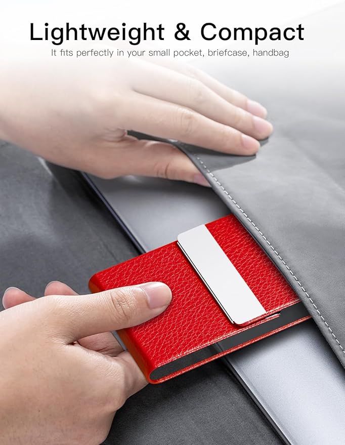 Padike Leather Business Card Holder for Women Leather Stainless Steel Business Card Case with Magnetic Shut (Red)