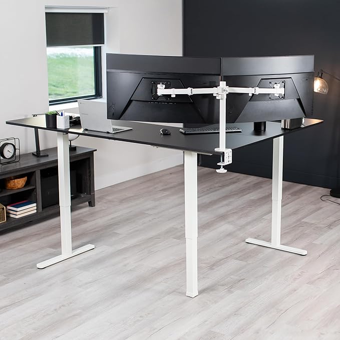 VIVO Electric Corner 75 x 63 inch L-Shaped Standing Desk, Memory Height Adjustment, Black Top White Frame, DESK-E3CTWB-75