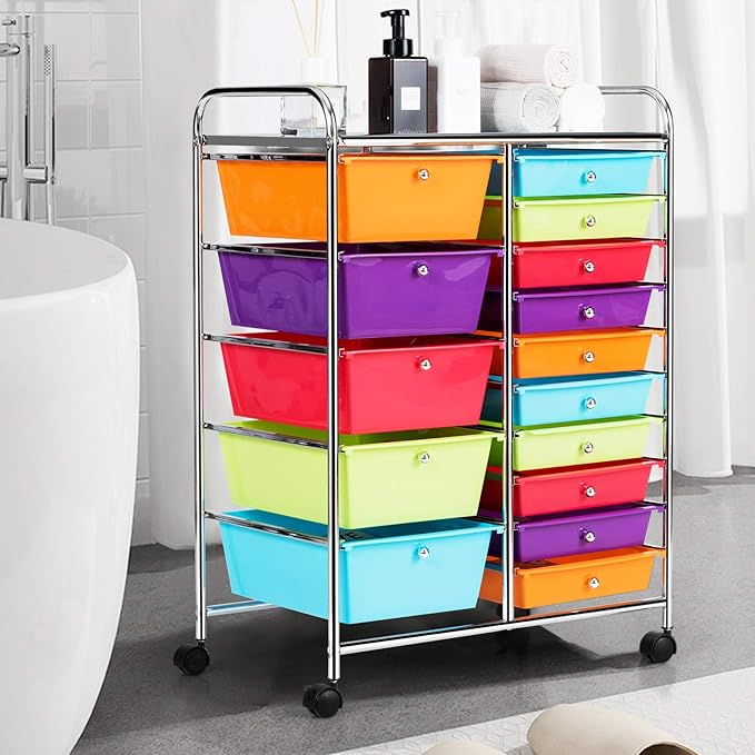 HAPPYGRILL 15-Drawer Rolling Cart, Storage Carts with Removable Drawers & Steel Frame, Utility Cart on Lockable Wheels for Home, School, Office,Multicolorful