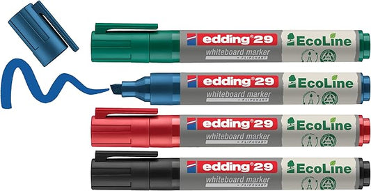 edding 29 Ecoline whiteboardmarker set - zwart, rood, blauw, groen - 4 whiteboardstiften - beitelpunt 1 - 5 mm - boardmarker uitwisbaar - voor whiteboard, flipchart, prikbord, memobord - navulbaar